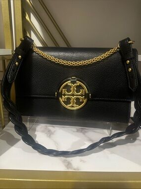 Tory Burch Black Leather Shoulder Bag with Gold Hardware